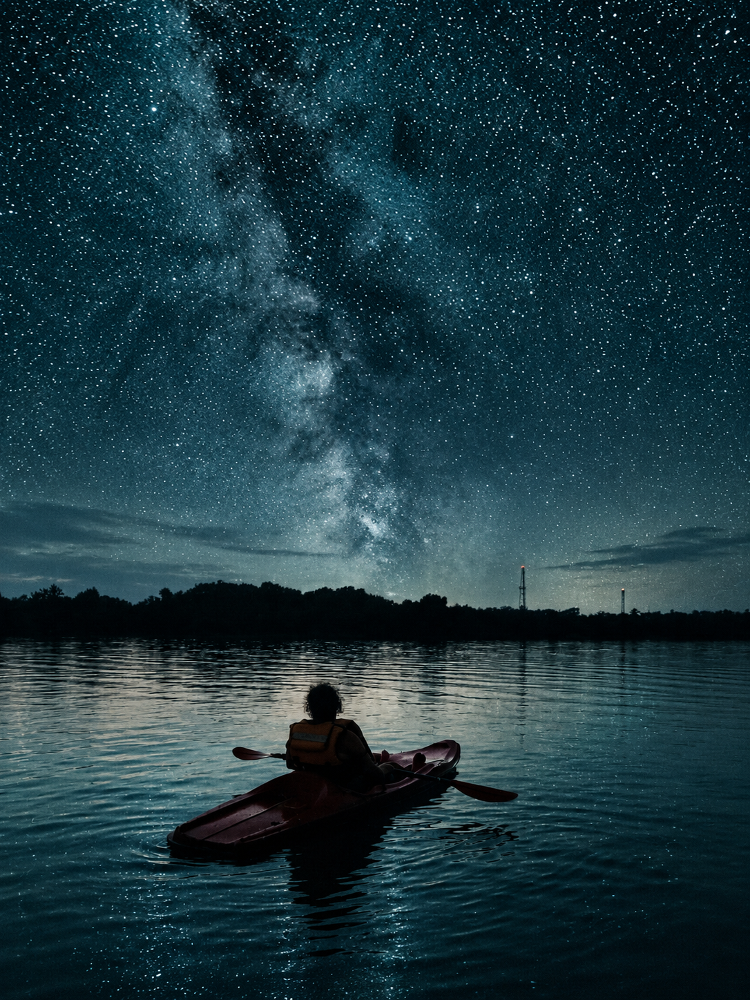Night sky kayaking on Ashtamudi backwaters at Munroe Island, Kollam, Kerala