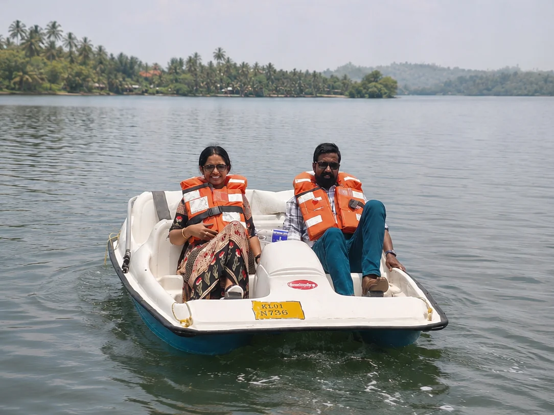 Pedal boating on Eastern Munroe Island through wide open Ashtamudi backwaters